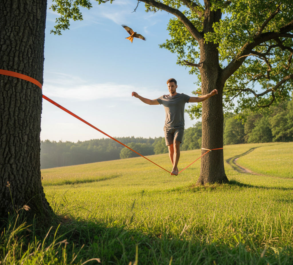 Pratique de la slackline entre deux arbres en pleine nature