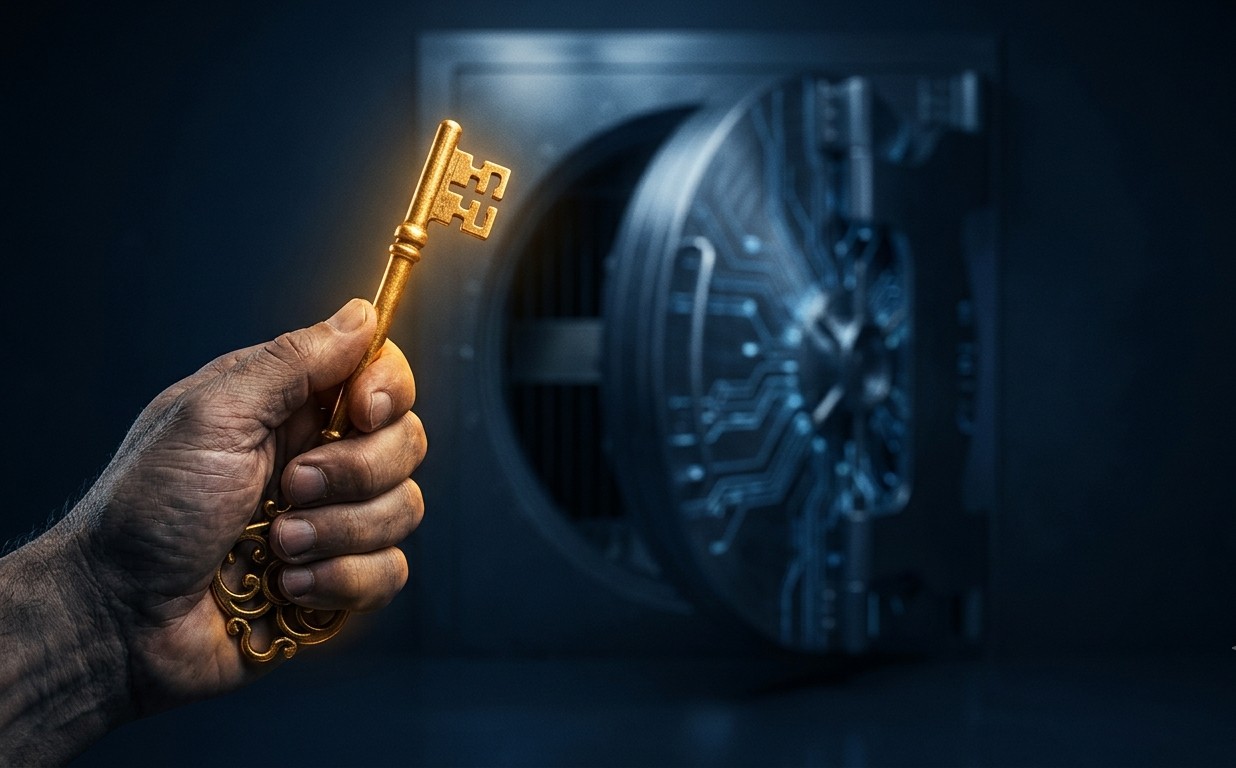 Une main tient une clé dorée devant un coffre-fort au blindage numérique : acheter ses premiers bitcoins, c'est aussi apprendre à en garder les clés
