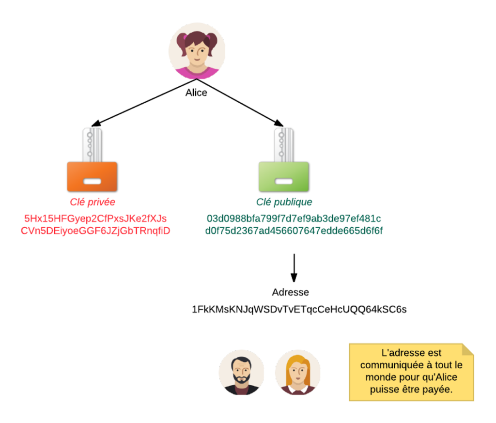 Schéma expliquant la clé privée, la clé publique et l'adresse Bitcoin
