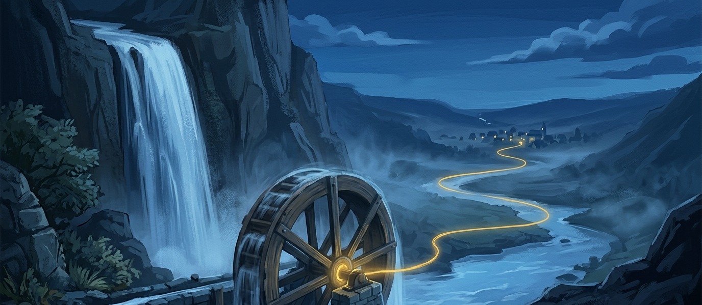 Illustration d'une chute d'eau qui fait tourner une roue de moulin : métaphore de la tension, de l'intensité et de la puissance électrique