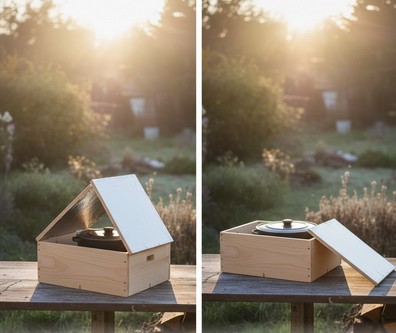 Four solaire artisanal en bois, ouvert et fermé, en extérieur