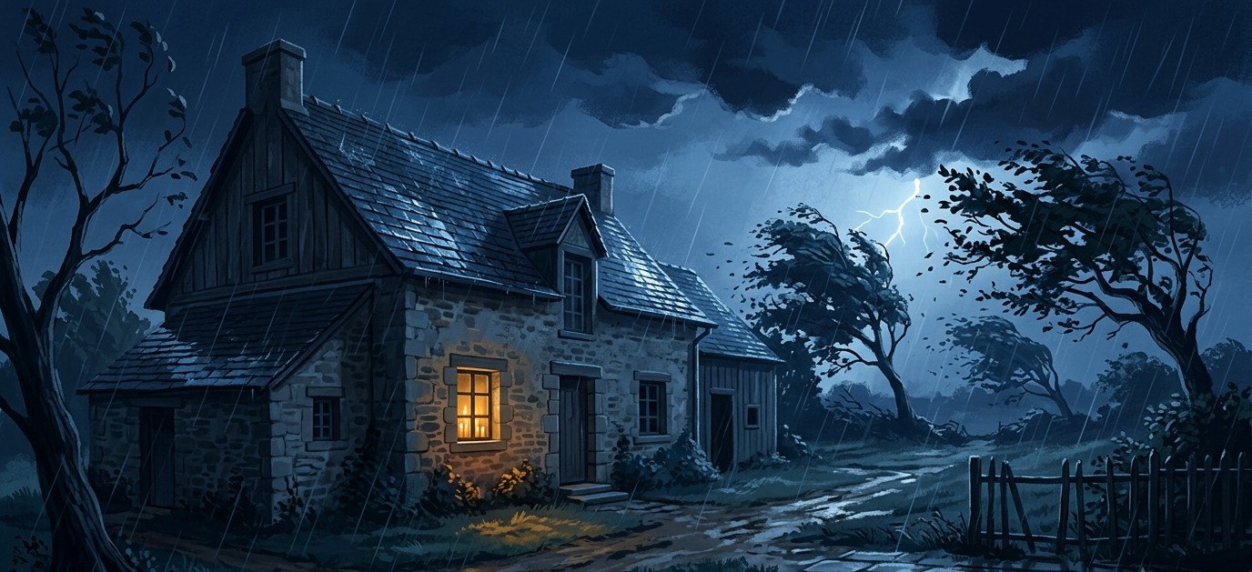 Une maison dans la tempête la nuit, une seule fenêtre éclairée à la bougie
