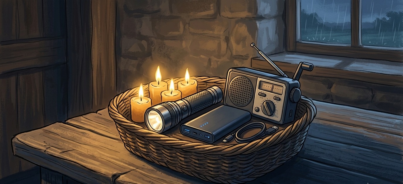 Un panier en osier avec bougies, lampe de poche, batterie externe et radio à manivelle, prêt à l'usage : le kit minimum pour une coupure de courant