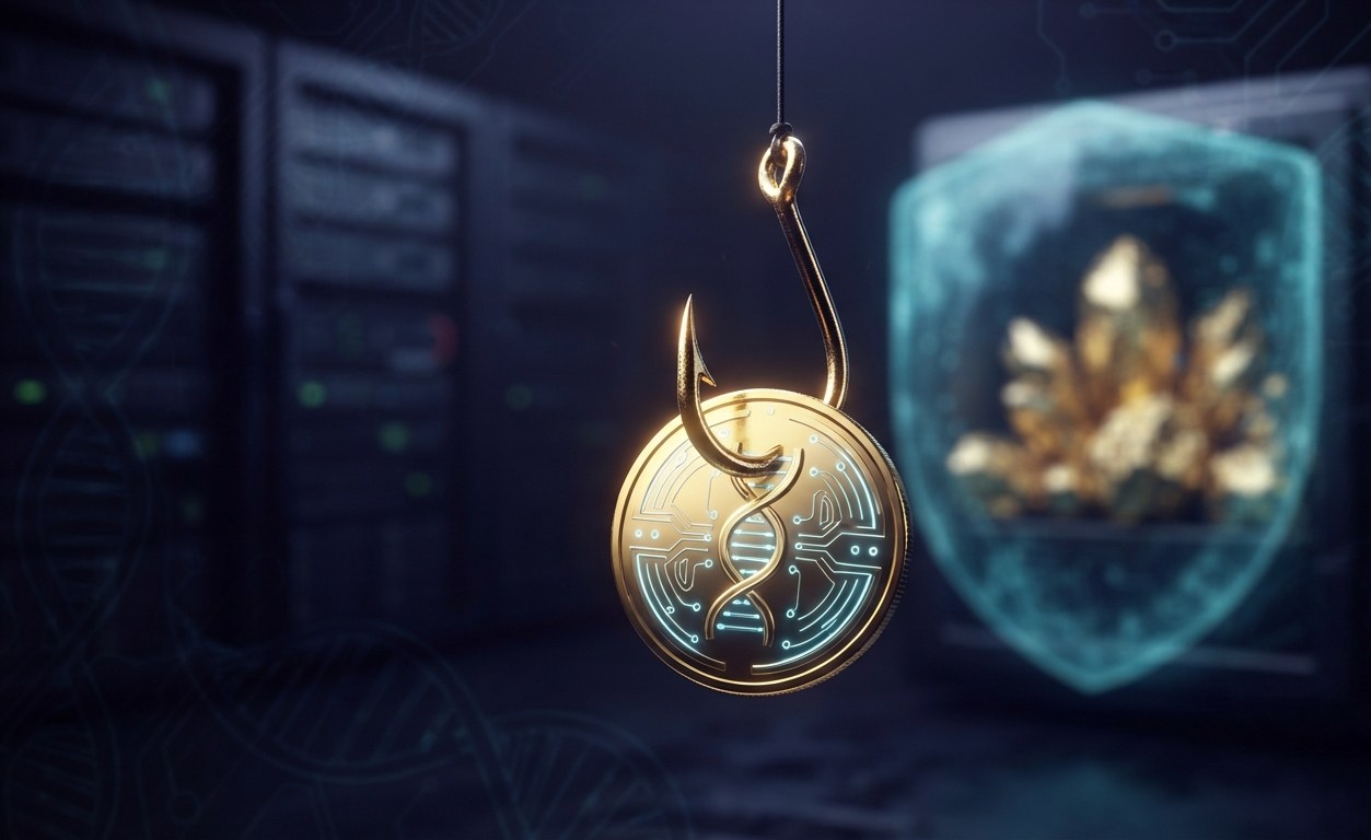 Un piège à souris dont l'appât est une pièce dorée frappée du symbole Bitcoin, dans une lumière dramatique sur fond bleu nuit
