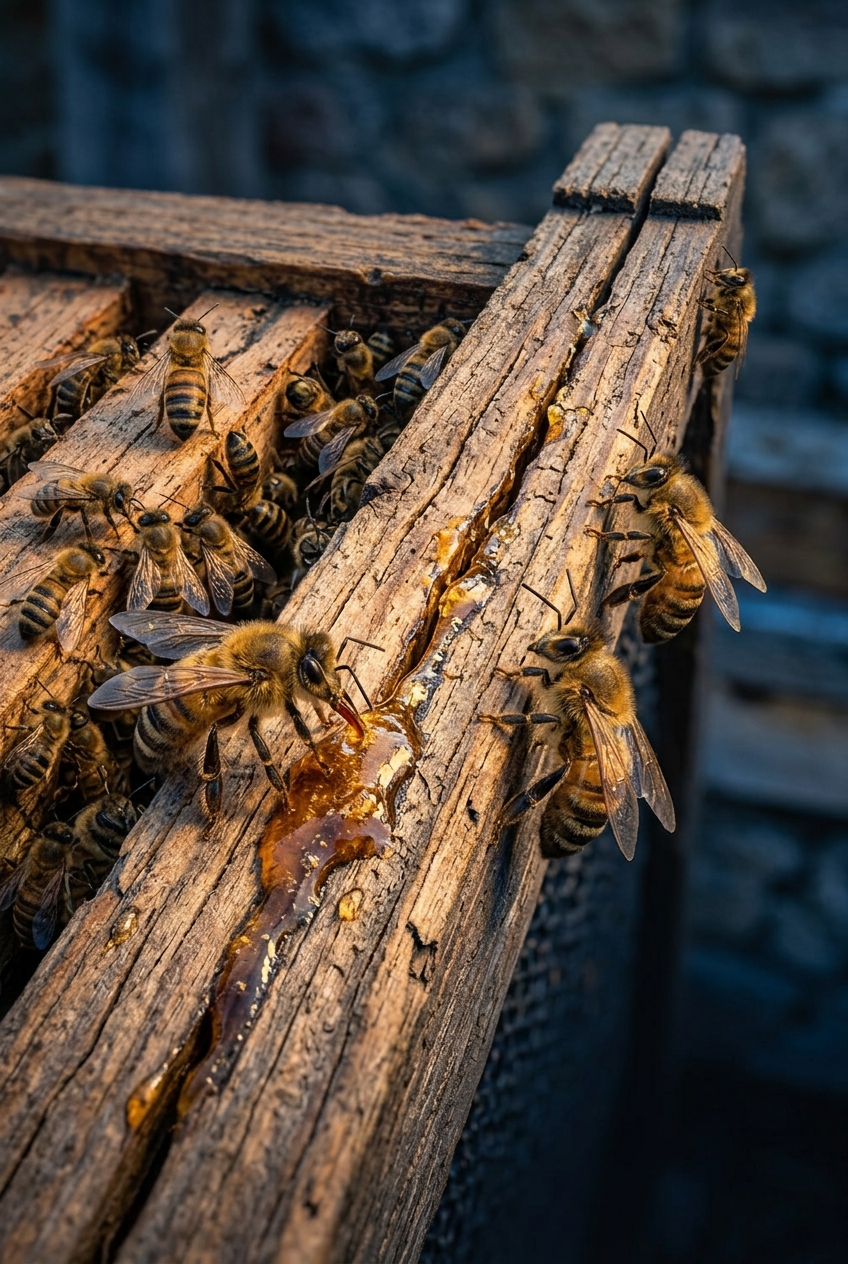 Un cadre de ruche recouvert d'abeilles en train de sceller les fissures avec de la propolis, résine collante récoltée sur les bourgeons d'arbres