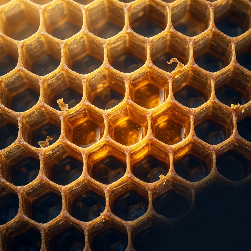 Un rayon de cire d'abeille aux alvéoles hexagonales, certaines cellules remplies de miel doré, traversées par la lumière