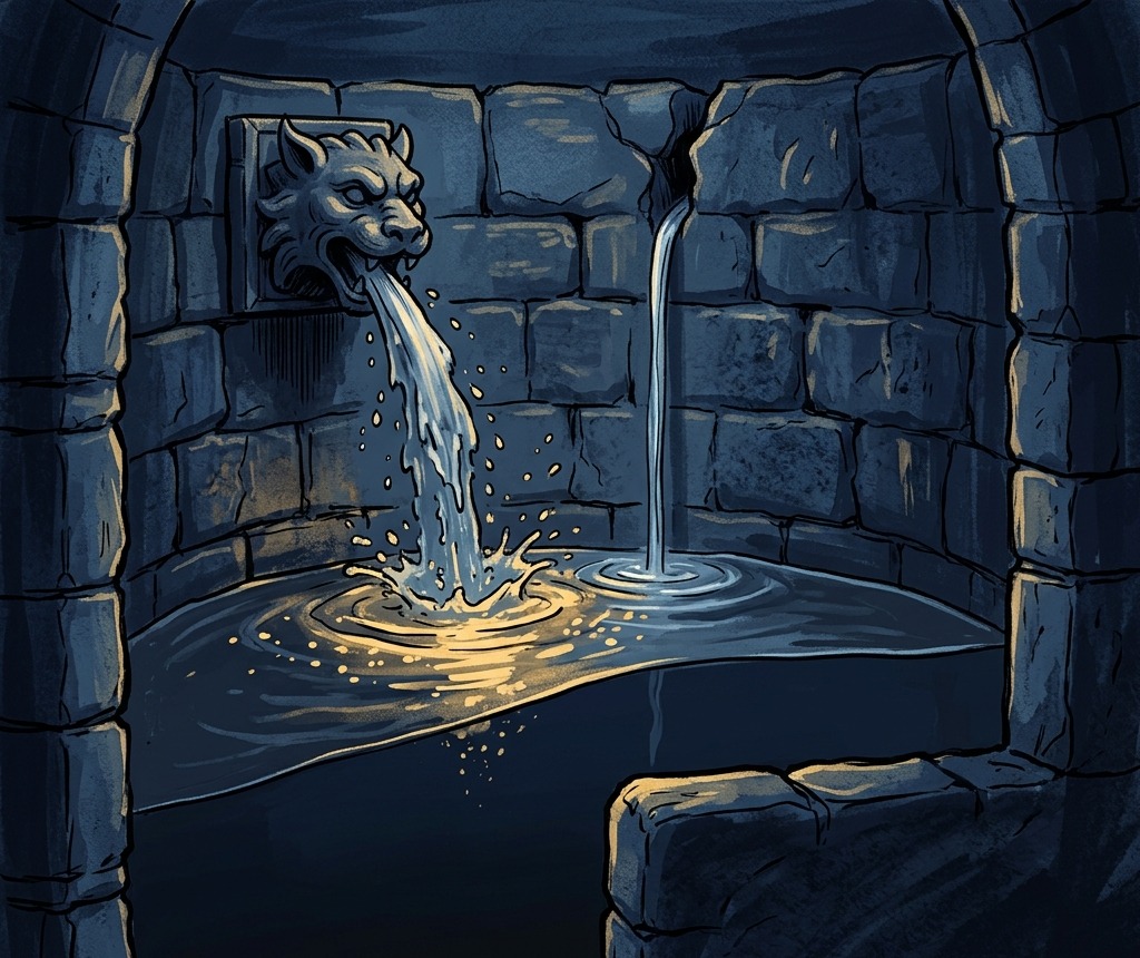 Illustration d'un grand réservoir de pierre alimenté par deux arrivées d'eau — métaphore de l'abonnement et de la consommation électrique
