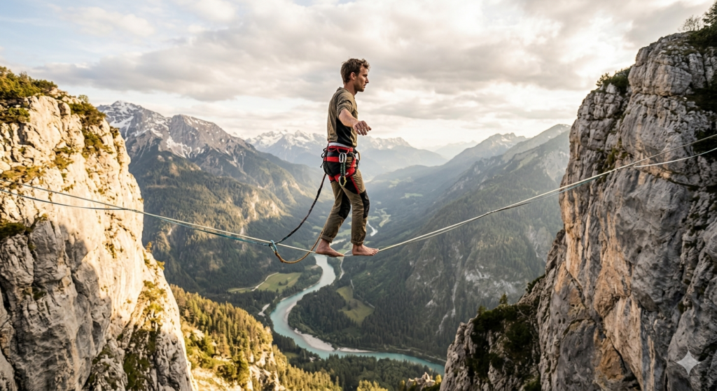 Équilibriste sur une highline entre deux falaises au coucher du soleil.