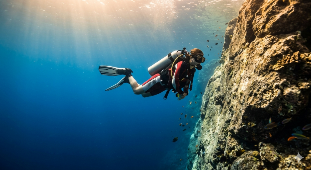 Plongeuse sous-marine explorant une paroi rocheuse avec rayons de soleil filtrants.