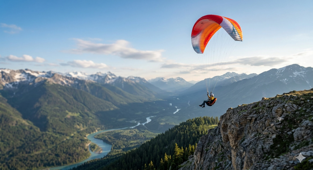 Un parapentiste solitaire, équipé d'une voile rouge et blanche, s'élance depuis une crête rocheuse au-dessus d'une immense vallée alpine. La photo capture l'engagement, la sensation de vide et la liberté absolue face à la puissance des éléments.