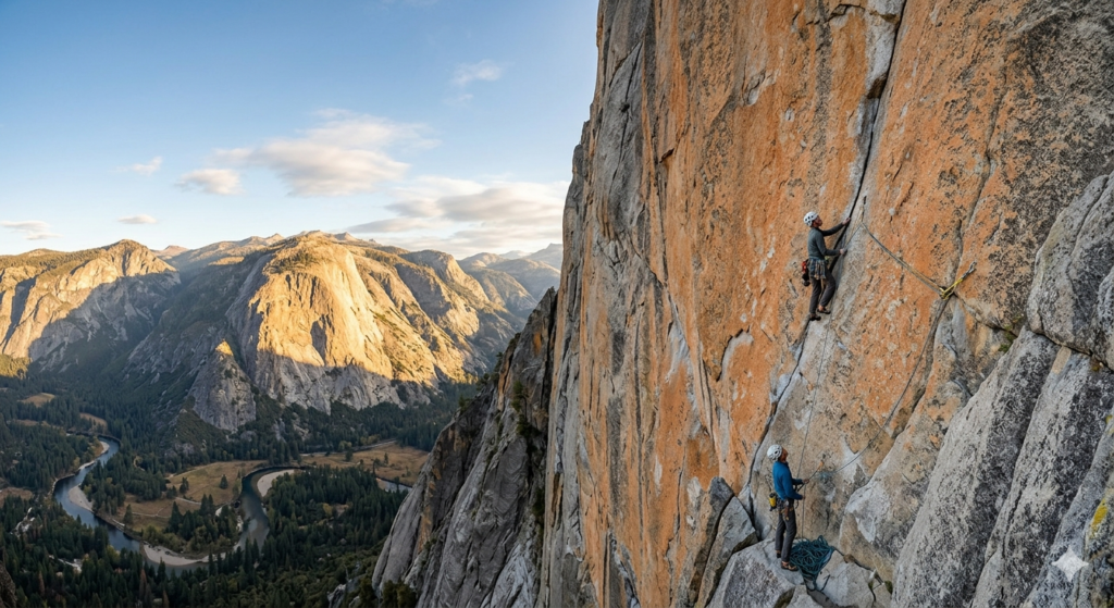 Grimpeur en grande voie de granit face au vide.