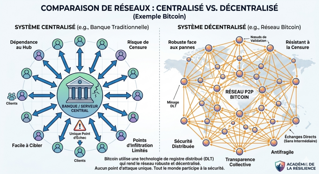 schéma illustrant la décentralisation du réseau Bitcoin face à un réseau centralisé