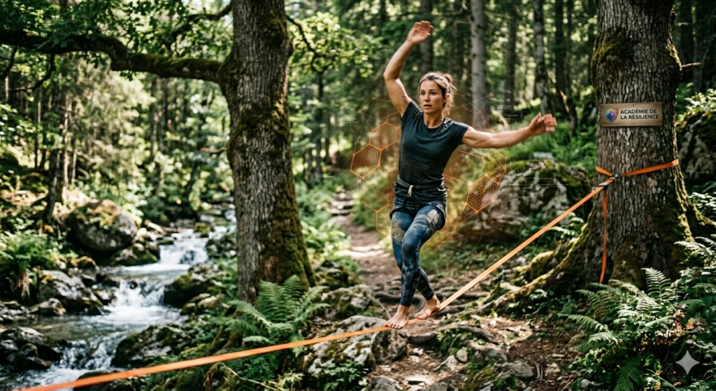 personne en équilibre sur une slackline en pleine nature soulignant l'aspect dynamique de l'équilibre